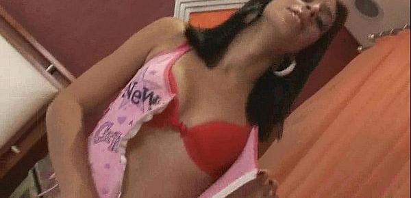  Tranny pornstar Bianca Freire tugging on her cock